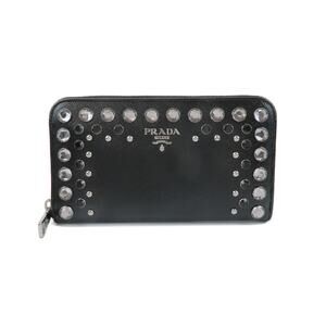 PRADA Saffiano Leather Bijou Studs Round Zipper Long Wallet